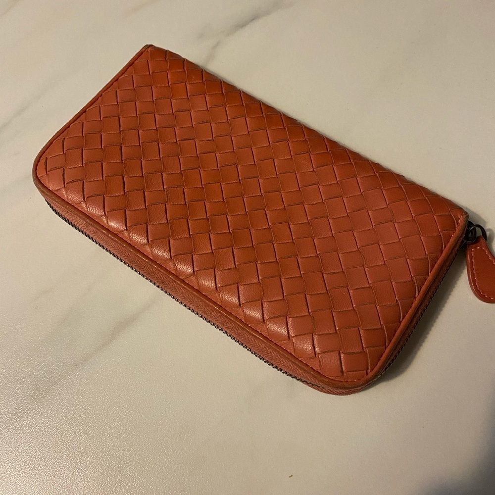 Bottega Veneta Intrecciato Leather Zip-Around Wallet Cognac